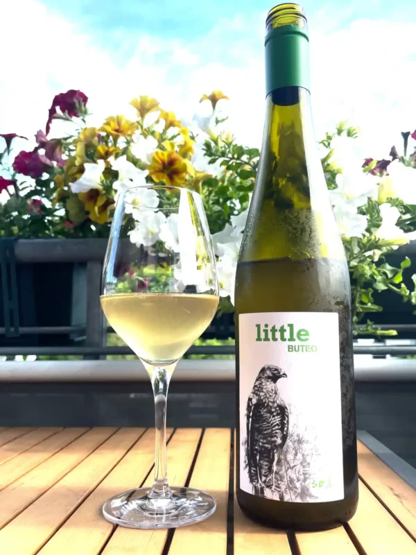 Michael Gindl Little Buteo 2022 bottle and glass