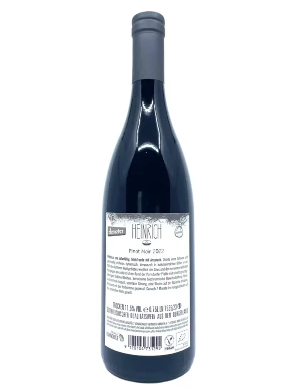 Heinrich Pinot Noir 2022 back label